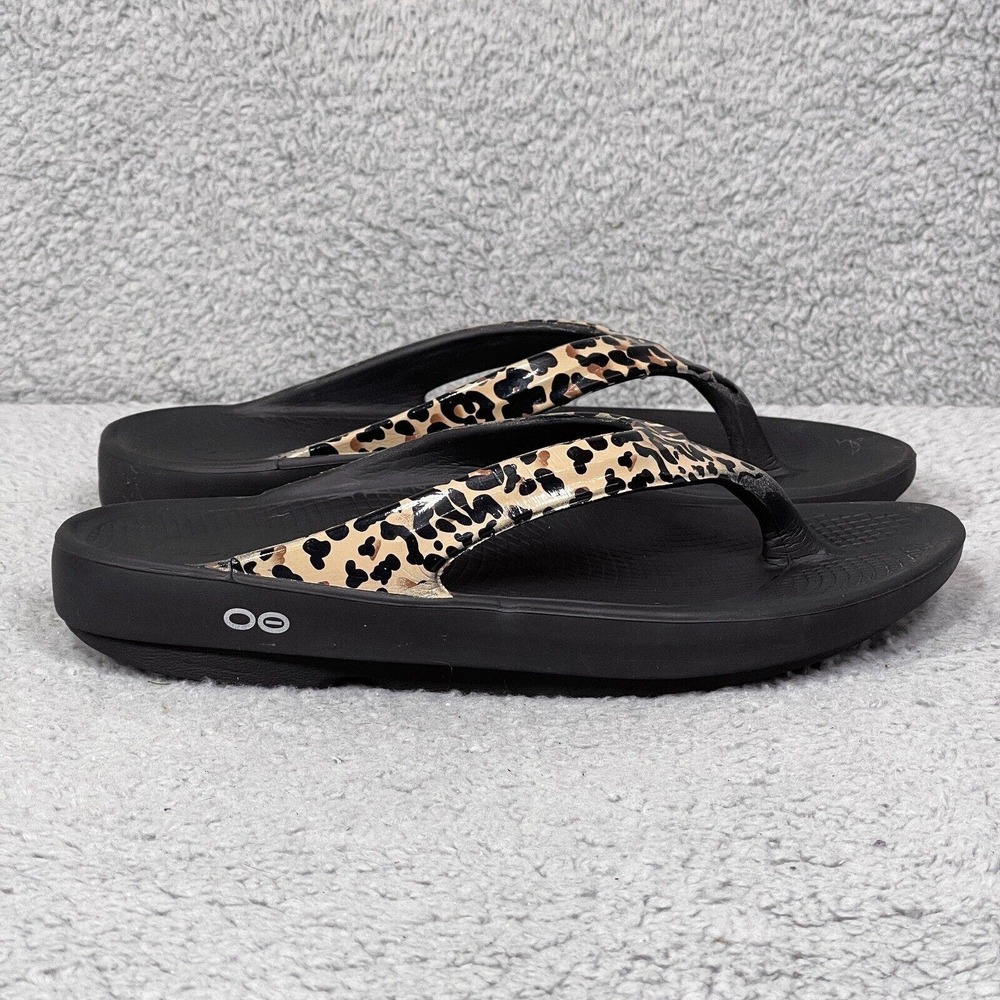 OOFOS Black and Leopard Print Women's Sandals